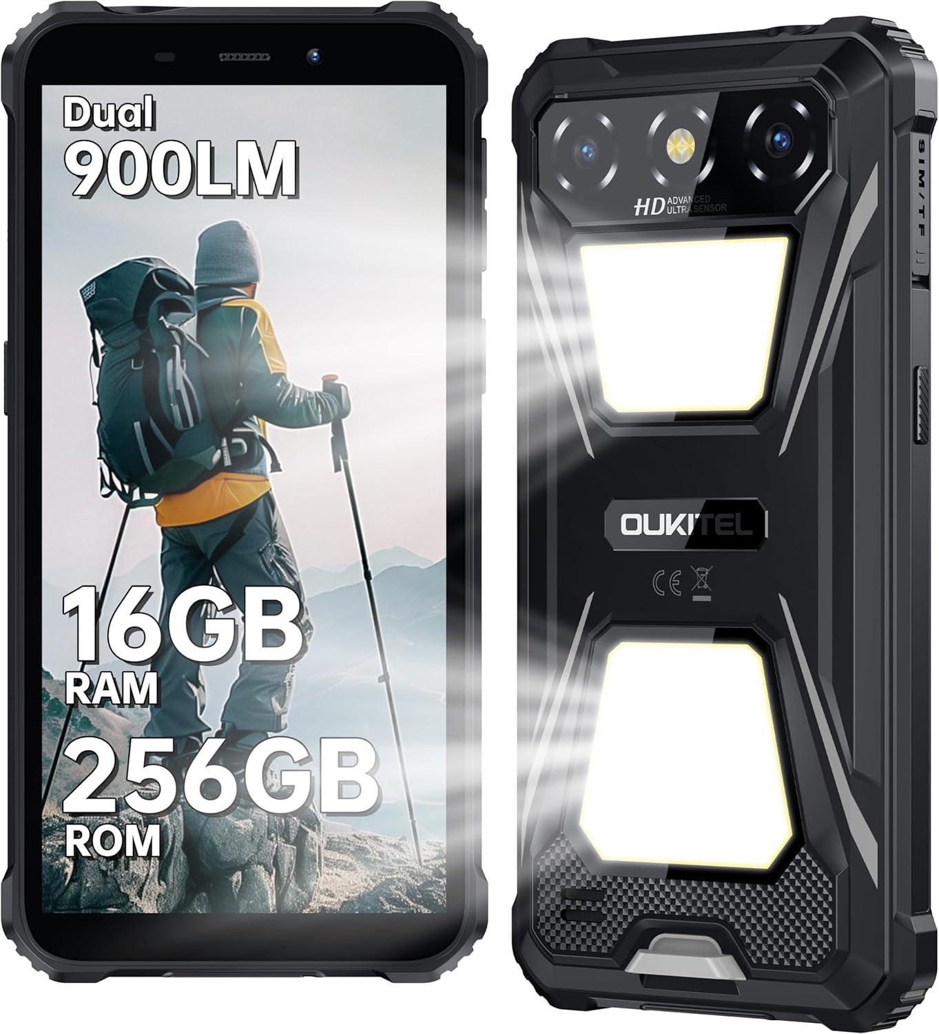 OUKITEL G5 Outdoor Smartphone Android 14, Doppel-Campinglicht Outdoor Handy Ohne Vertrag 6300mAh, 16GB+256GB /1TB, 6,0