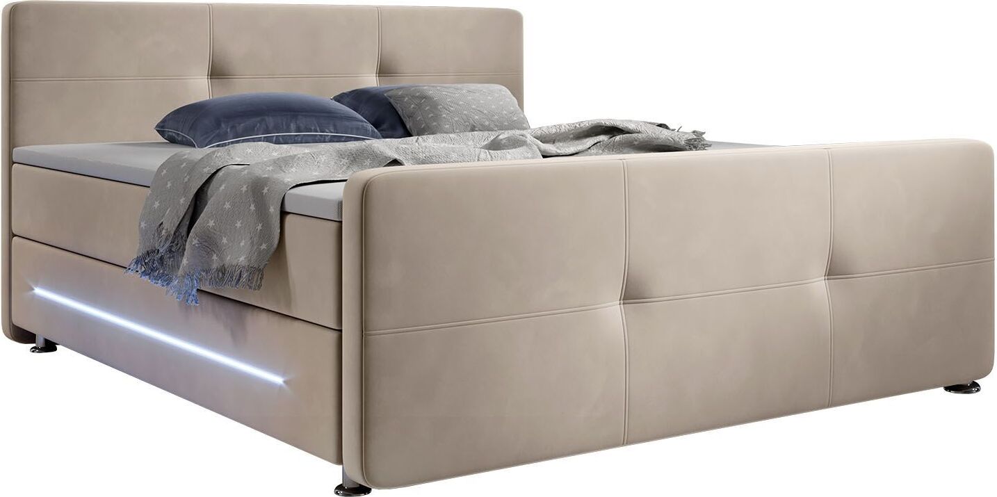 Juskys Boxspringbett Houston 140x200 cm – Doppelbett mit LED-Beleuchtung, Topper & Bonell-Federkern-Matratzen – Bett Polsterbett Beige mit Stoff 29202
