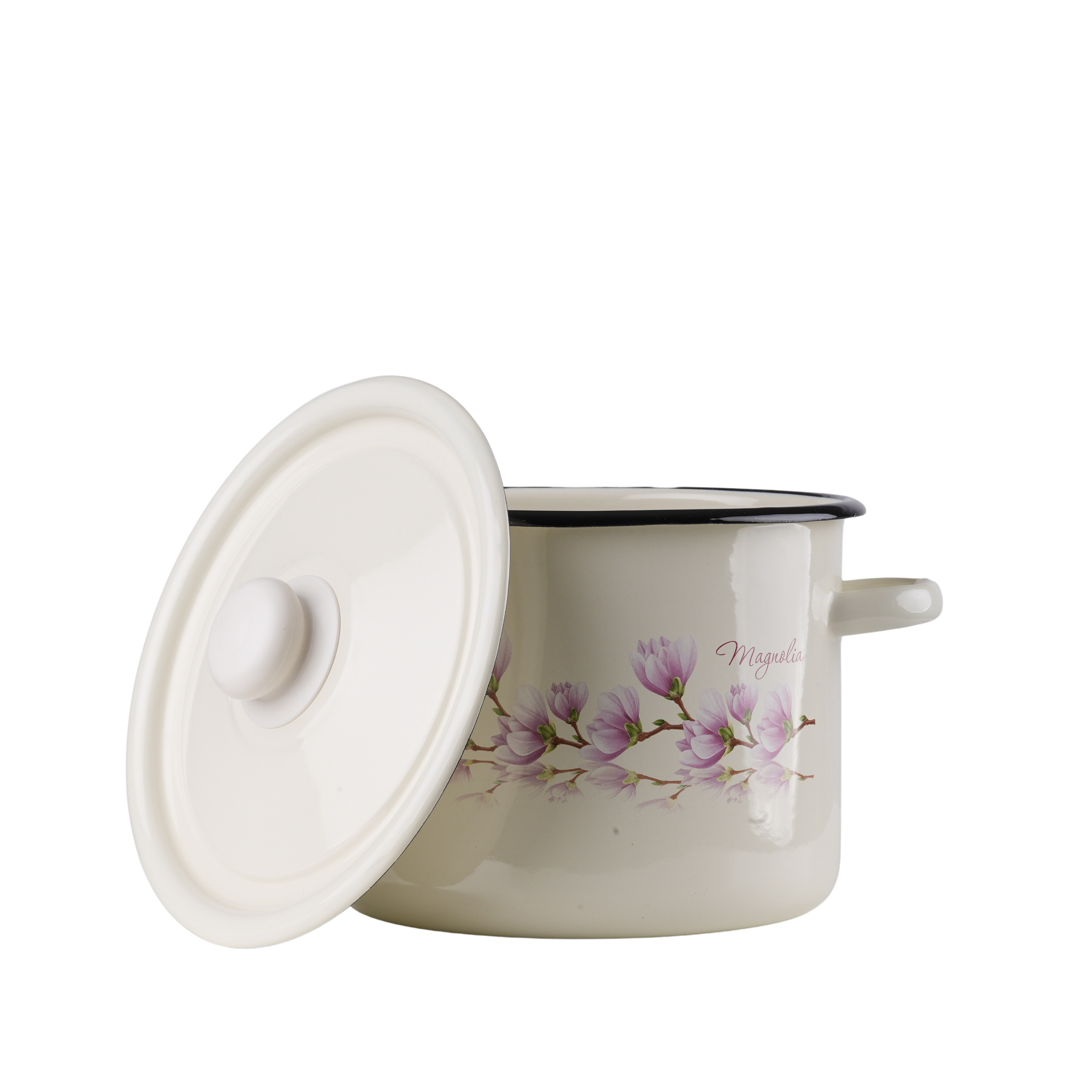 EMALIA RYBNIK Emaille Topf 5L Kochtopf Universaltopf Suppentopf Induktion 22cm mit Deckel Magnolie 5,5L