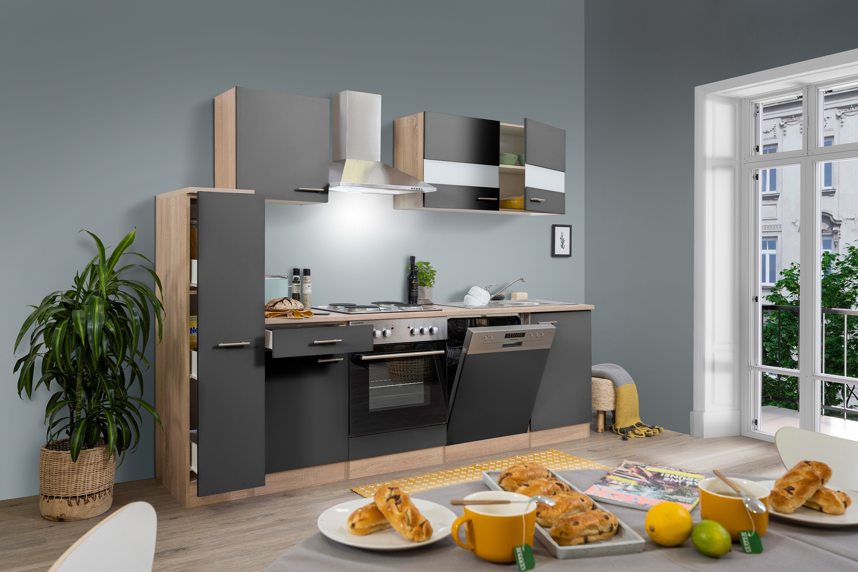 Küche Küchenzeile Küchenblock Einbauküche Eiche Grau Merle 250 cm Respekta KB250ESG