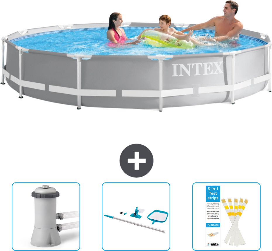 Bazén Intex s okrúhlym hranolovým rámom - 366 x 76 cm - sivý - obsahuje filtračné čerpadlo pre bazén - čistiacu súpravu - testovacie prúžky