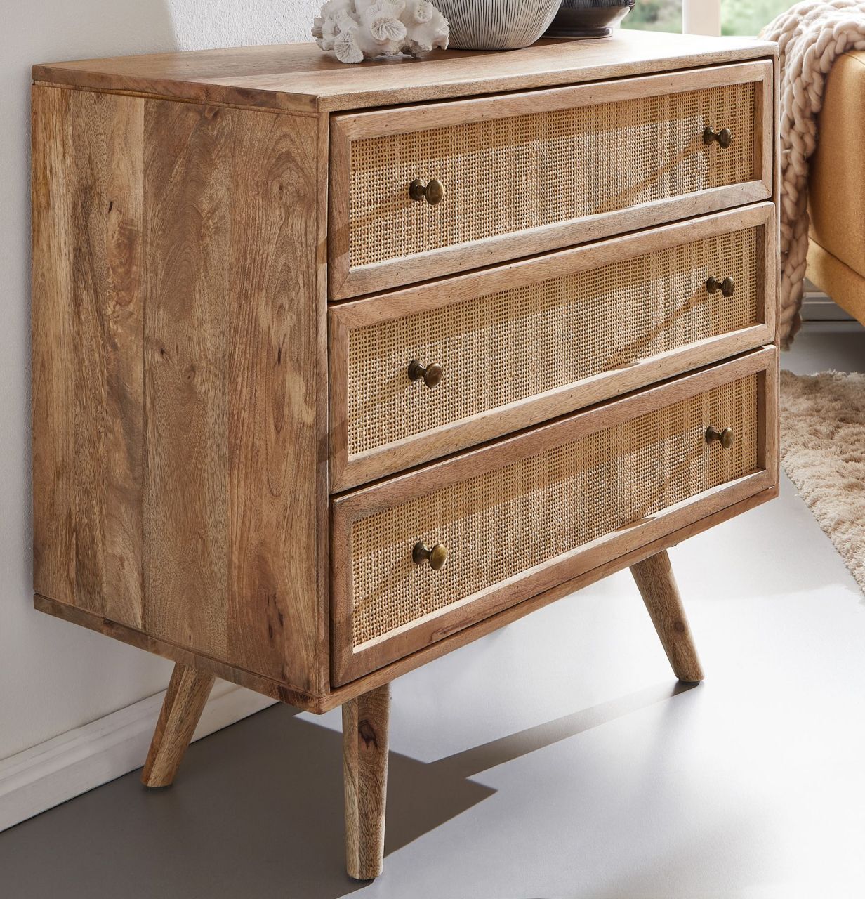 FineBuy Sideboard 80x75x40 cm Mango Massivholz / Rattan Vintage Anrichte, Kommode 3 Schubladen, Hoher Kommodenschrank Holz Massiv, Standschrank Wohnzimmer Rohrgeflecht