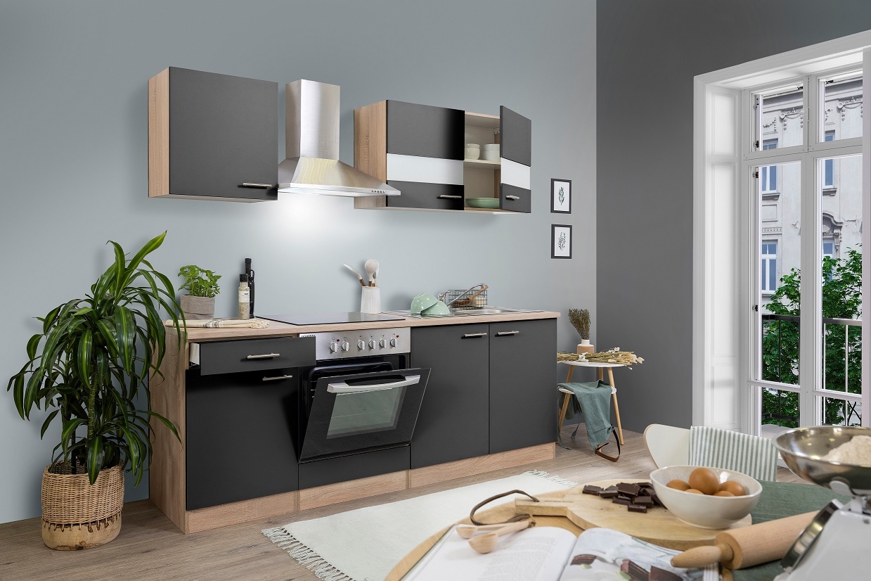 Küche Küchenzeile Küchenblock Einbauküche Eiche Grau Merle 210 cm Respekta KB210ESGC