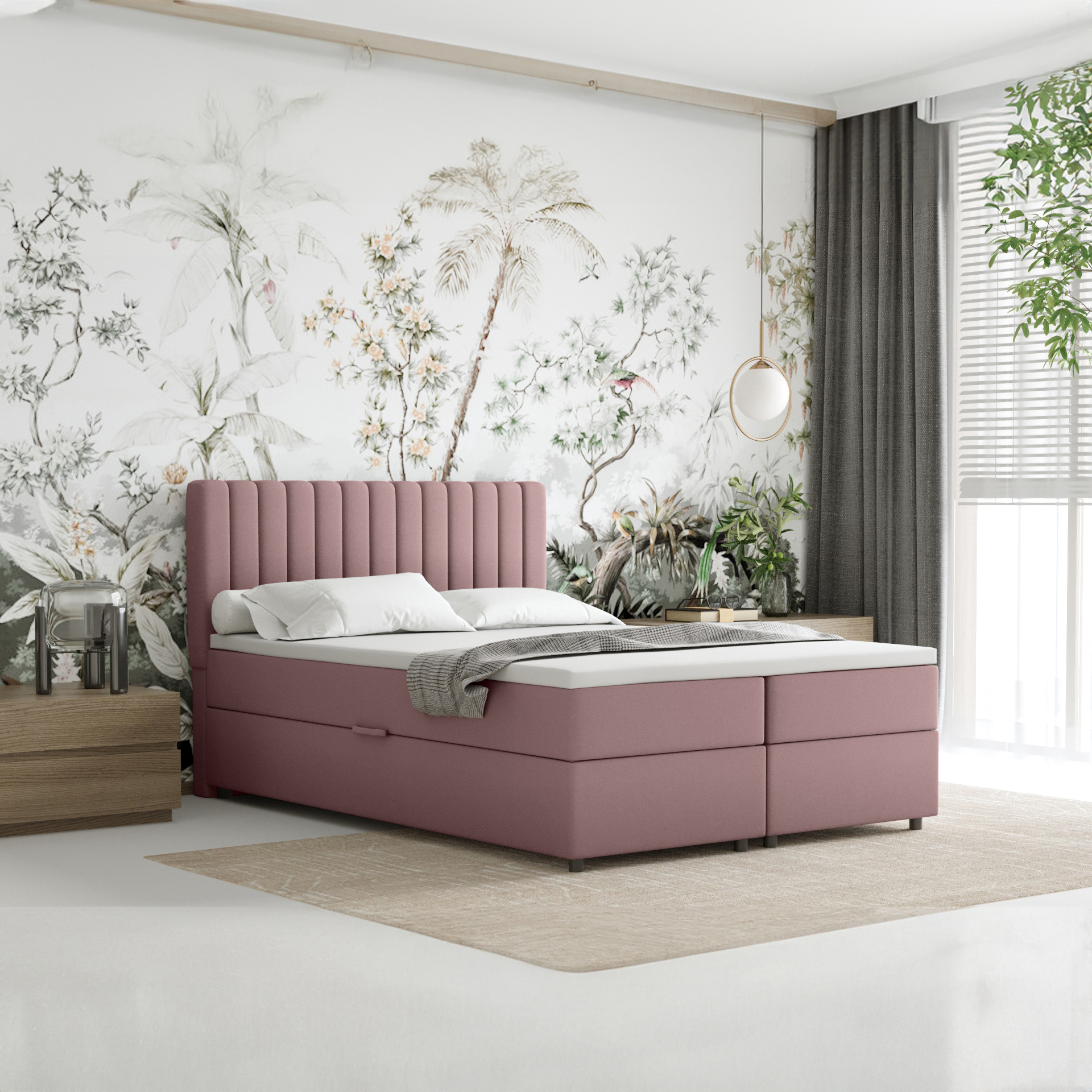 Boxspringbett 140x200 EVEREST, mit Topper, mit Bettkästen, Doppelbett, Rosa, Panda Möbel