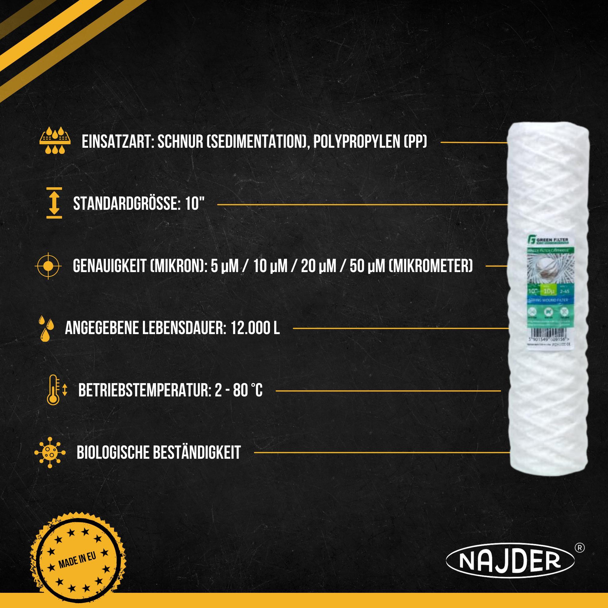 NAJDER Wasserfilterpatronen 10 Zoll String, Mikronage 5, für Filtergehäus, Wasserfilter Kartusche, für die Vorfiltration, 5 Stück, Patronensatz C10S5_953701