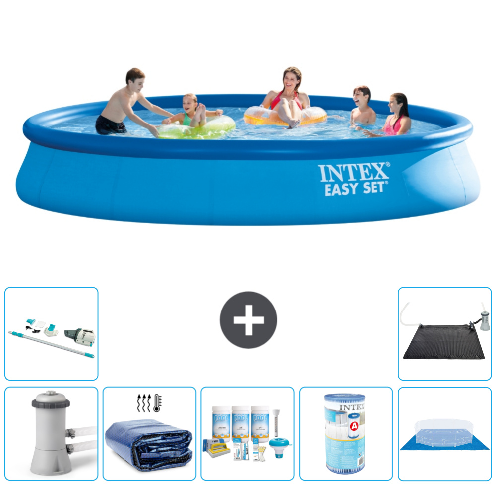 Okrúhly nafukovací bazén Intex Easy Set - 457 x 84 cm - modrý - vrátane markízy s čerpadlom - balík na údržbu - filter - podložka - vysávač - solárna podložka