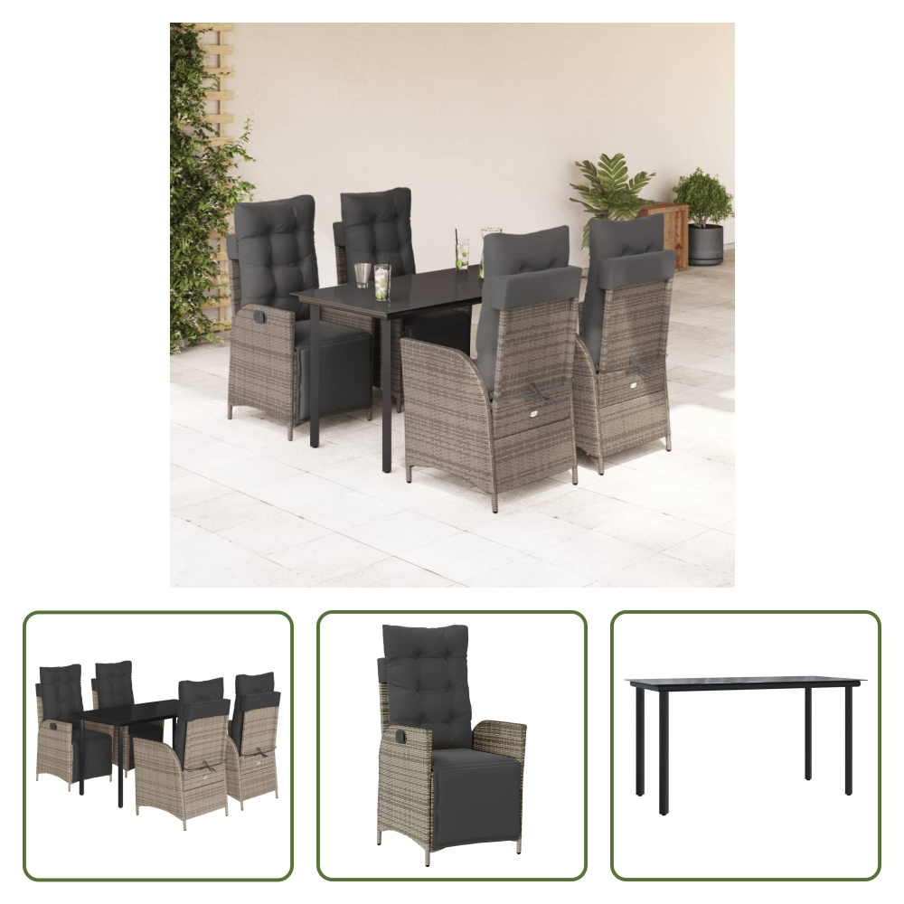 The Living Store 5-dielny záhradný jedálenský set s vankúšmi sivý polyratan