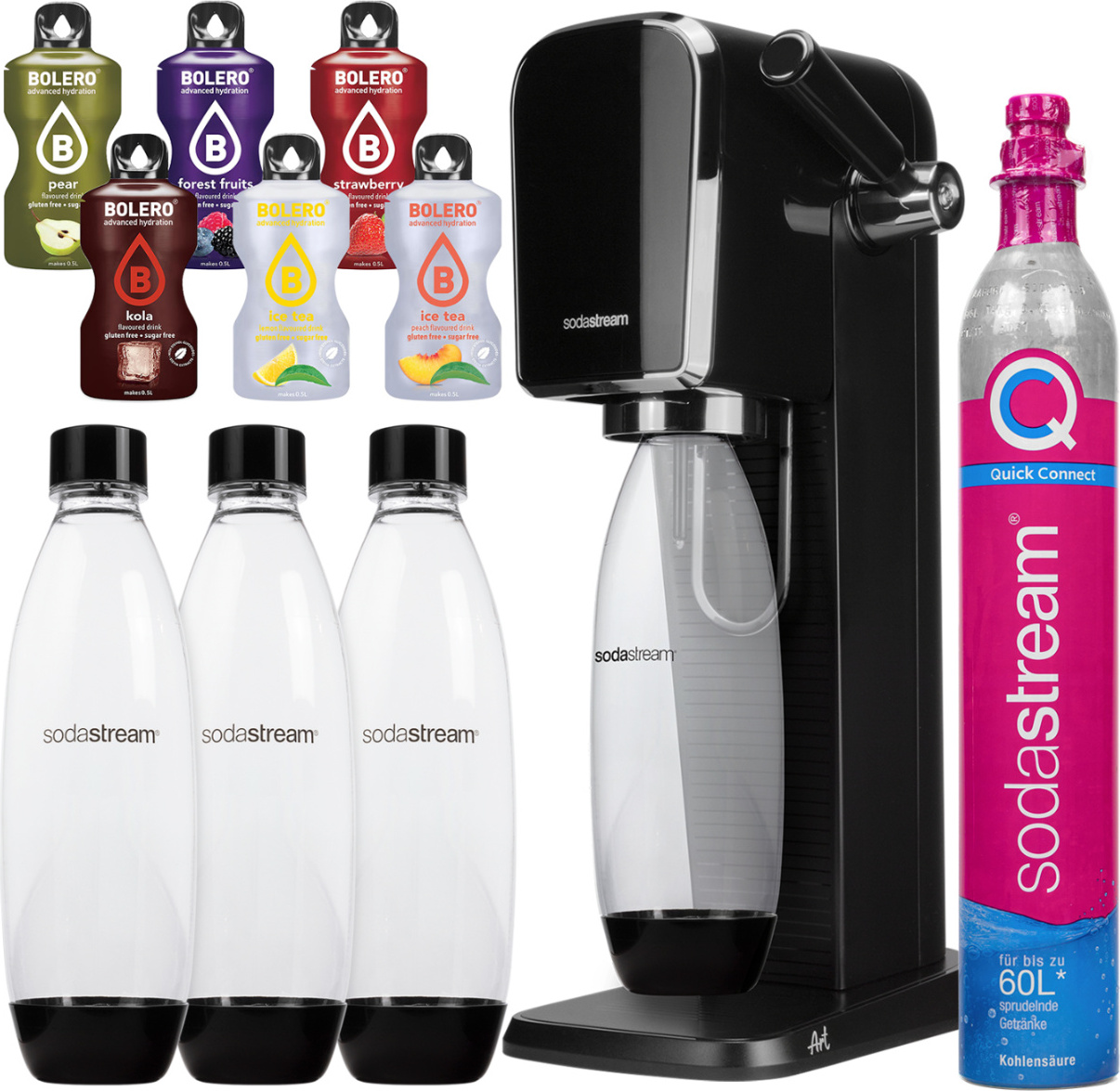 Výrobník sody SodaStream Art Black + SodaStream 1L Poistkové fľaše Two-Pack Black + Bolero