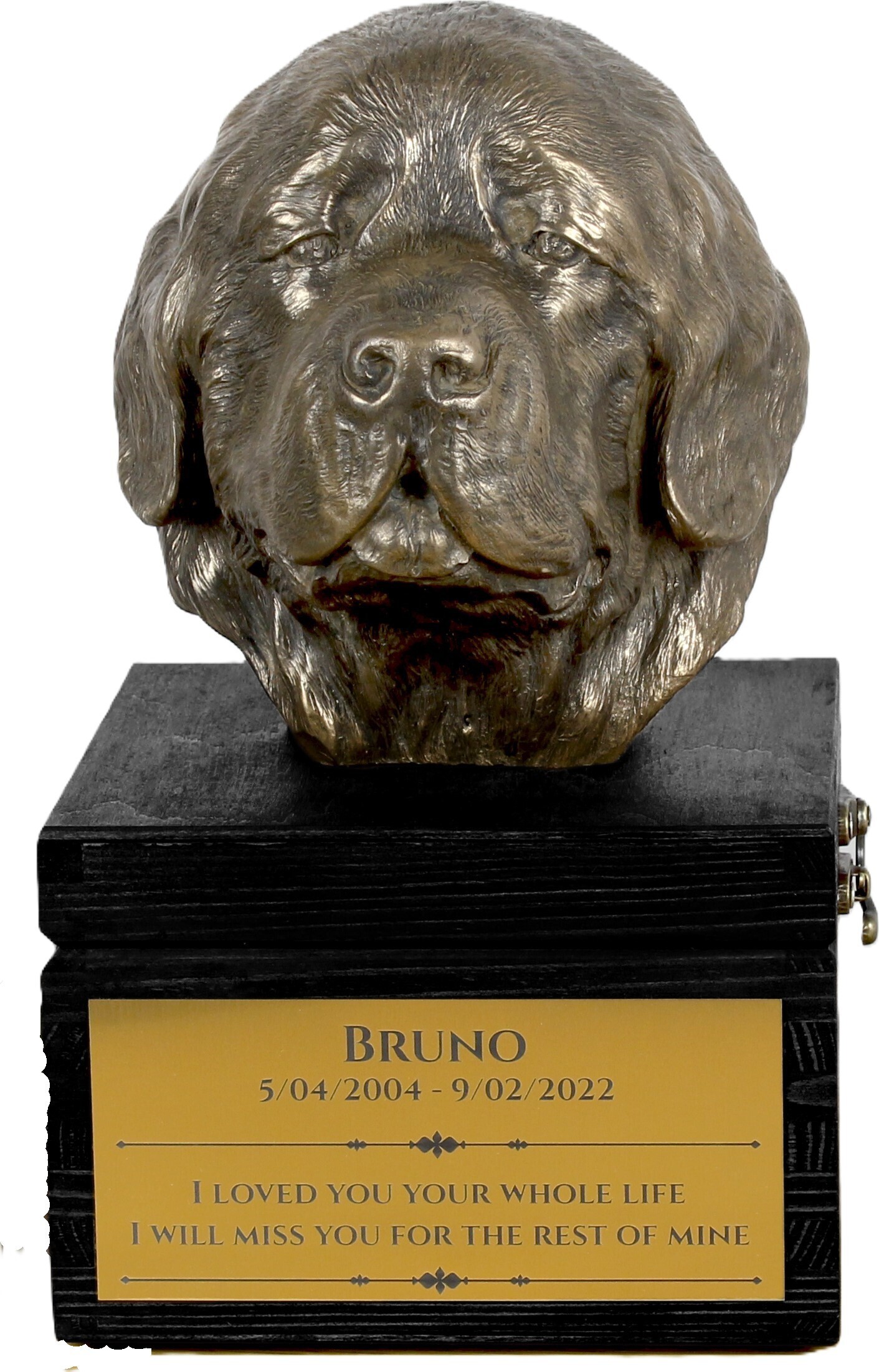 Neufundländer, Newfoundland - eine Urne mit Gravur und Hundeskulptur, letzter Abschied, handgefertigtes Produkt der Marke Art-Dog