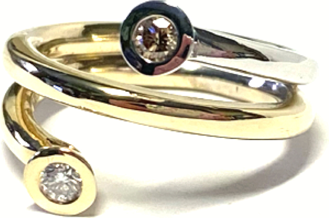 Edelschmiede925 Goldring 585/- bicolor Brillant je 0,1ct w/si + light brown si modern massiv Solitär #57 Edelschmiede925-37473