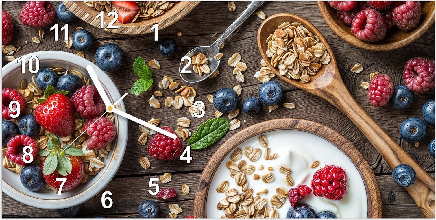 Primedeco Wanduhr aus Glas mit Motiv Beeriges Müsli- 60 x 30 cm - inkl. Aufhängesystem