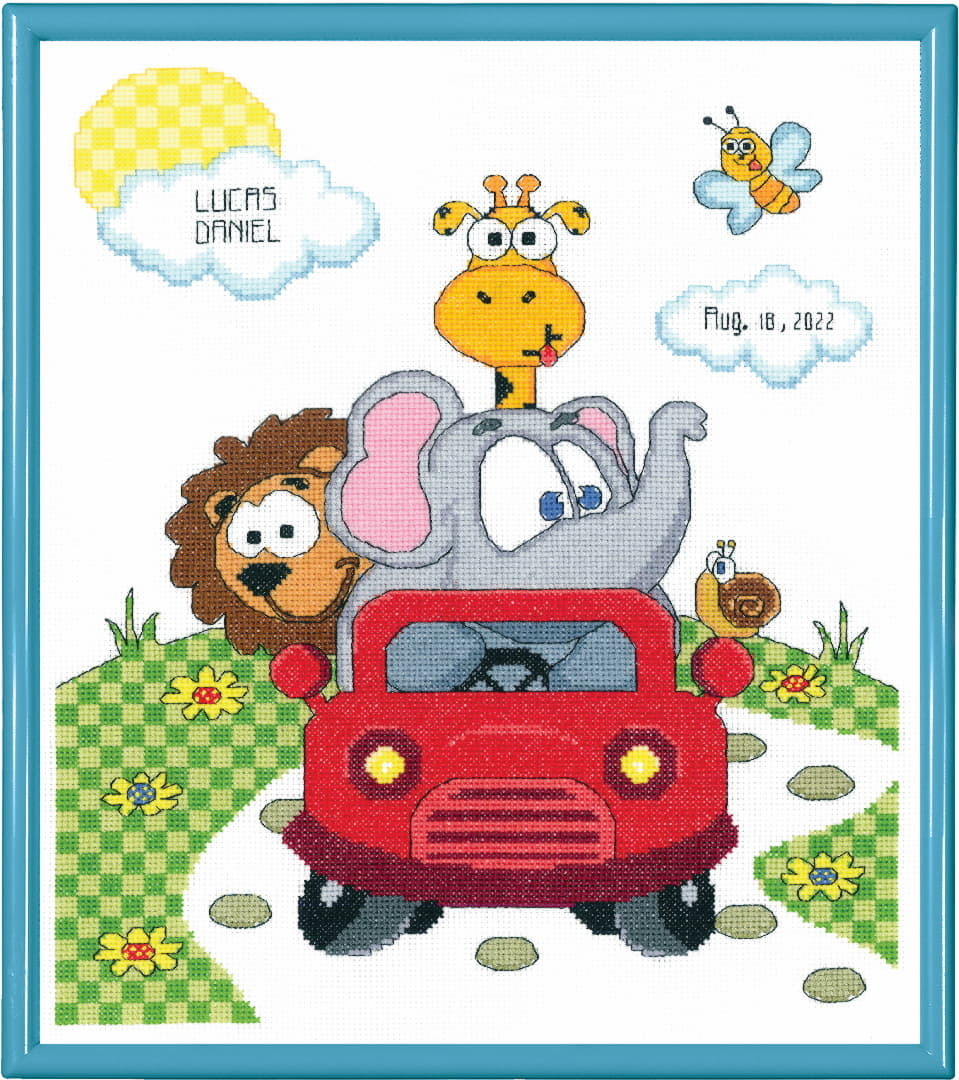 Janlynn Kreuzstich Stickpackung "Tiere Lustige Fahrt Geburtsurkunde", Zählmuster, 28x36cm 021-1775
