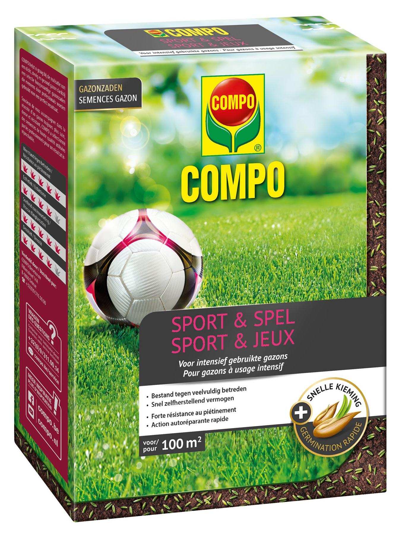 Compo Grassamen 2kg bis zu 100m² - Sport & Spiel - Schnelle Keimung - Schnelle Selbstheilung - Grün gefärbt gegen Vogelkot