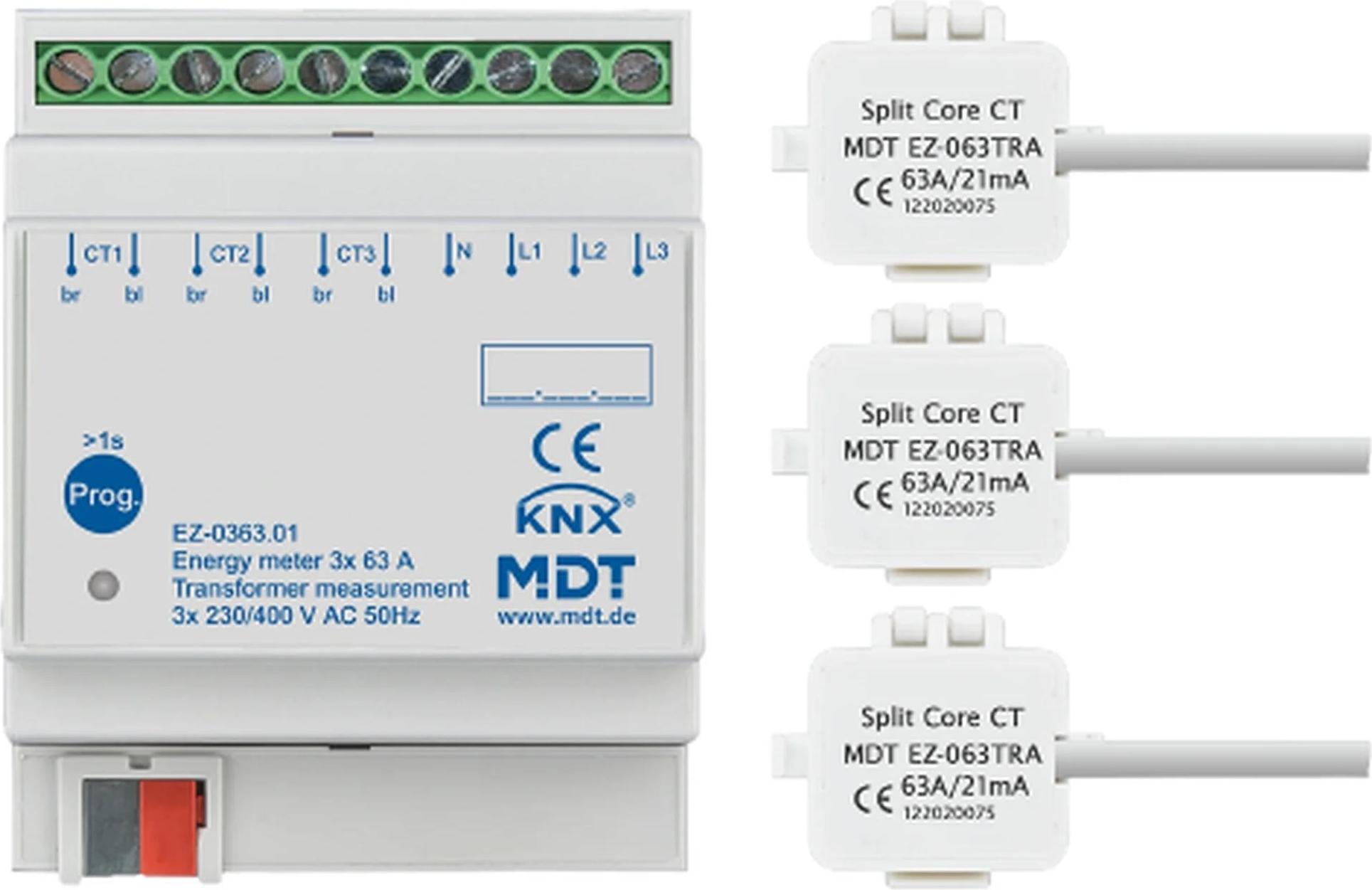 MDT Energiezähler, 3-fach, 63 A, Wandlermessung, 4TE REG, 230/400 V AC, 1 Stk. EZ-0363.01