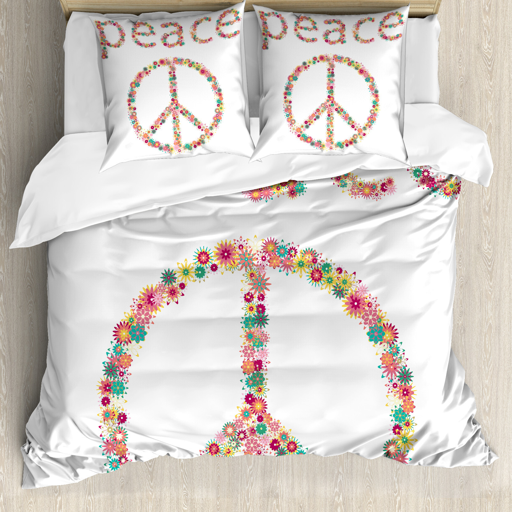 ABAKUHAUS toll Bettbezug, Friedenszeichen mit Blumen, Milbensicher Allergiker geeignet mit Kissenbezügen, 155 cm x 220 cm - 80 x 80 cm, Mehrfarbig nevde_10965_155x220_de