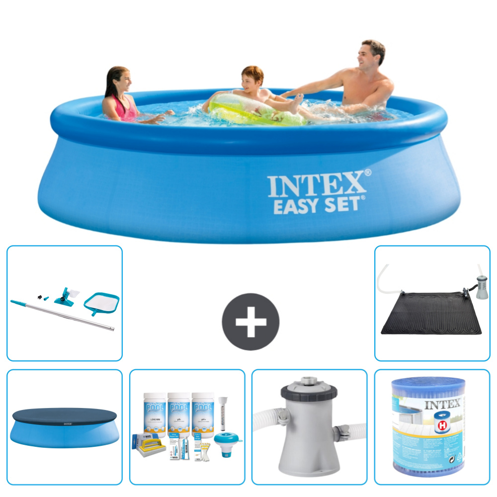 Intex okrúhly nafukovací bazén Easy Set - 305 x 76 cm - modrý - obsahuje kryt - súpravu na údržbu - filtračné čerpadlo pre bazén - filter - čistiaca súprava - solárna podložka