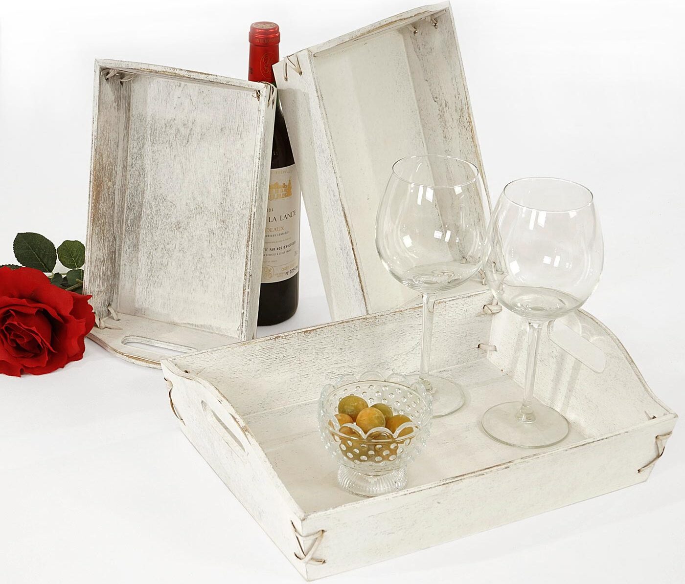 Mendler 3er Set Tablett HWC-C50, Serviertablett Holztablett Frühstückstablett Dekotablett, Shabby-Look Vintage weiß, shabby 36805