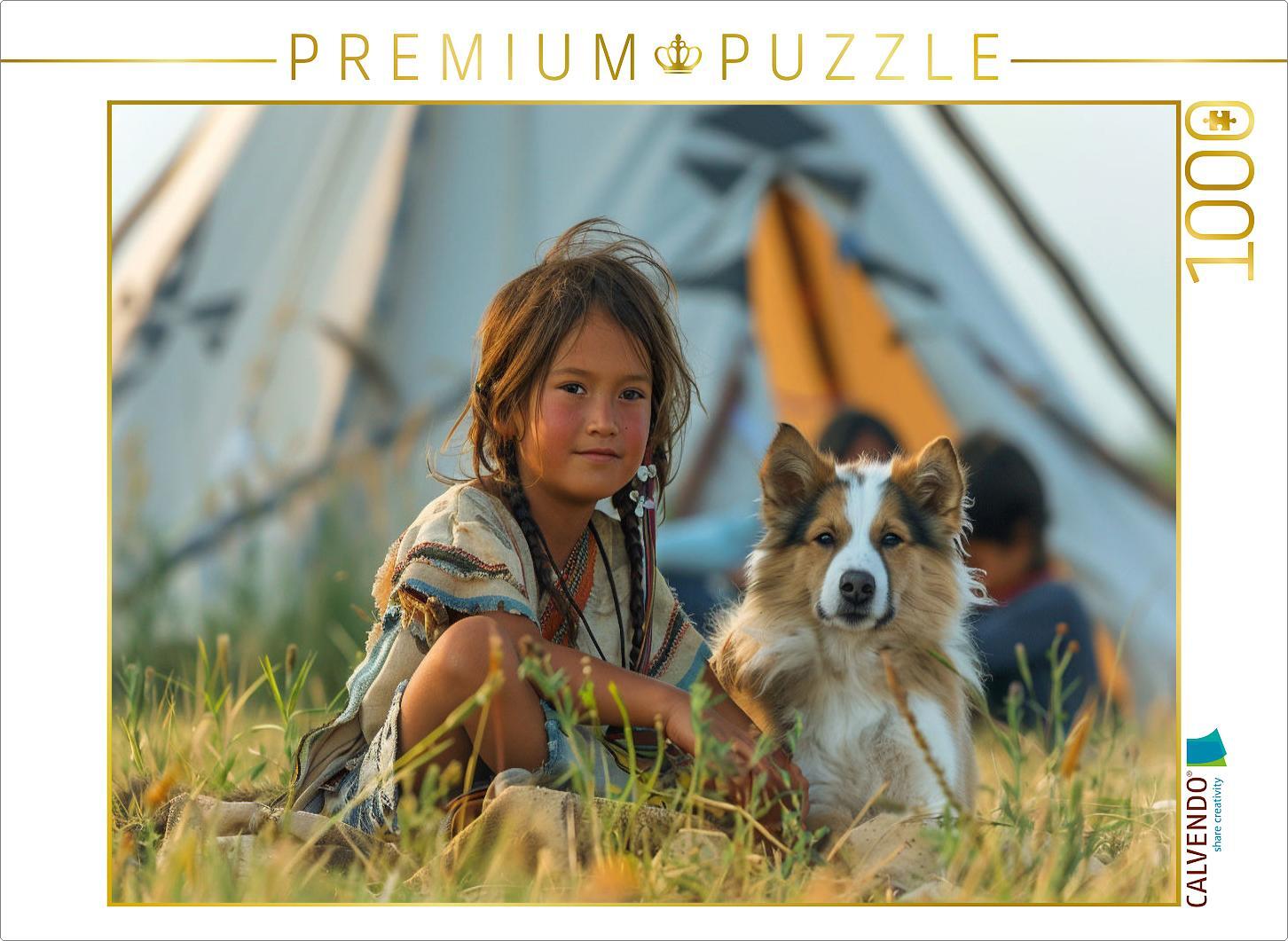 CALVENDO Puzzle Spielgefährten - Indianisches Kind und Hund | 1000 Teile Lege-Größe 64x48cm Foto-Puzzle für glückliche Stunden