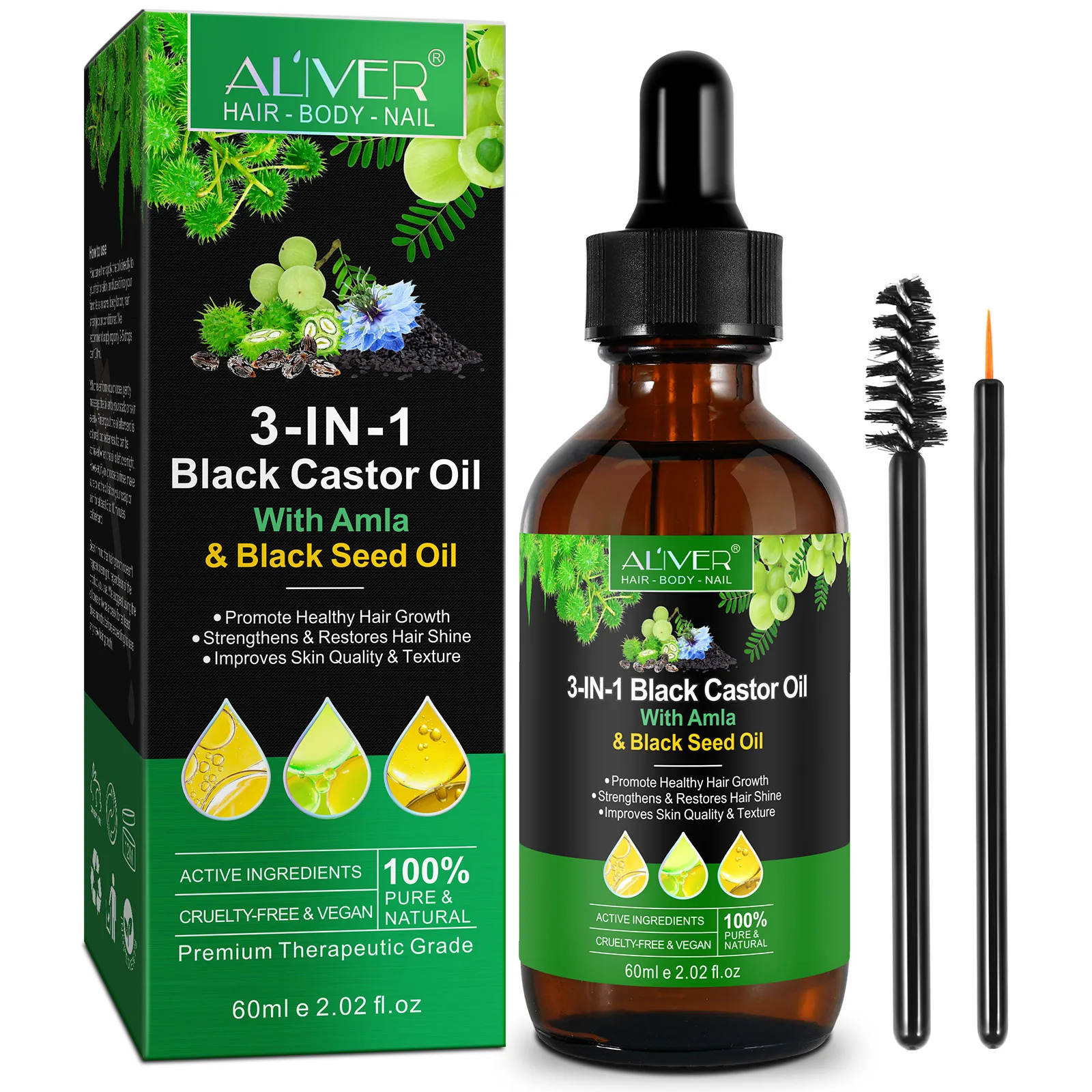 Aliver 3-in-1 Öl für Haare und Haut – Schwarzkümmel & Amla & Schwarzes Rizinusöl – 60 ml
