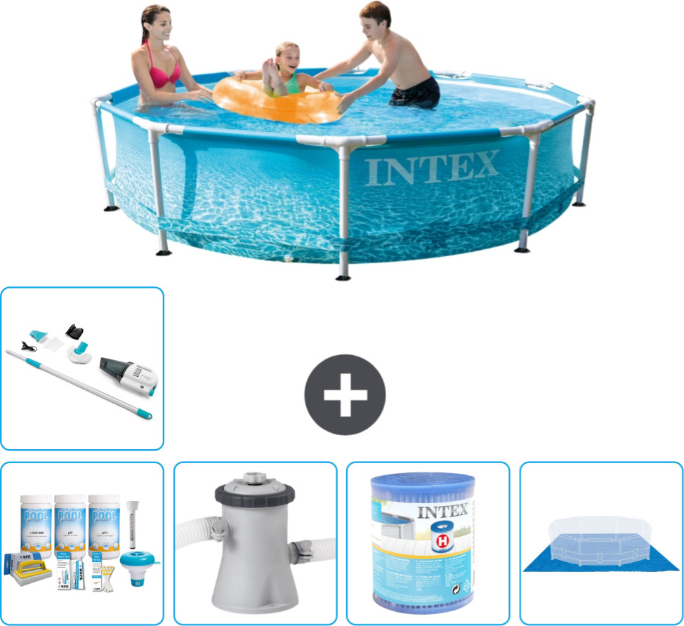 Bazén Intex s okrúhlym rámom - 305 x 76 cm - tlak vody - balík na údržbu v cene - filtračné čerpadlo pre bazén - filter - zemný kryt - vysávač