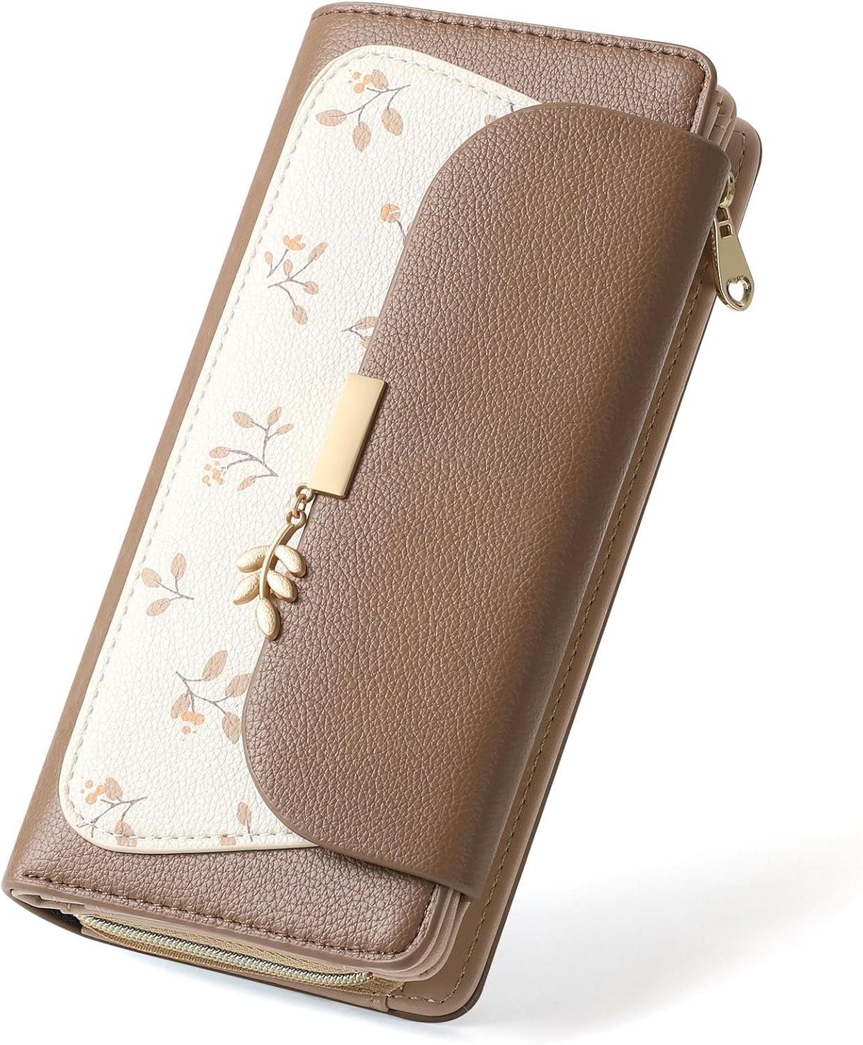 RRANCharltu Geldbörse Damen groß aus Kunstleder mit RFID-Schutz, viele Fächer, Reißverschluss-Münzfach, Karten- & Ausweisfächer, elegantes Blumen Design