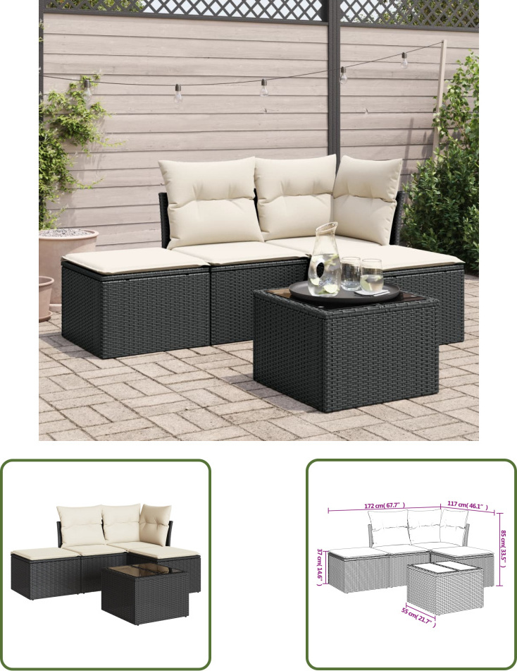 The Living Store 5-tlg. Garten-Sofagarnitur mit Kissen Schwarz Poly Rattan TLS3217486
