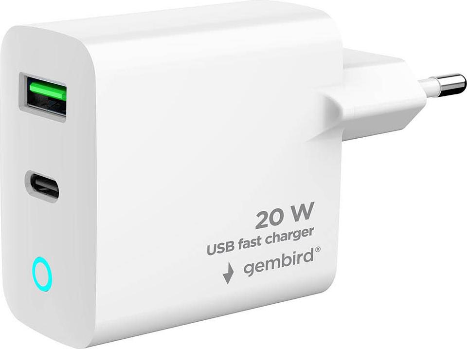 Gembird USB-Ladegerät 2-Port 20W mit LED-Anzeige Typ C + A TA-UC-PDQC20L-W-01
