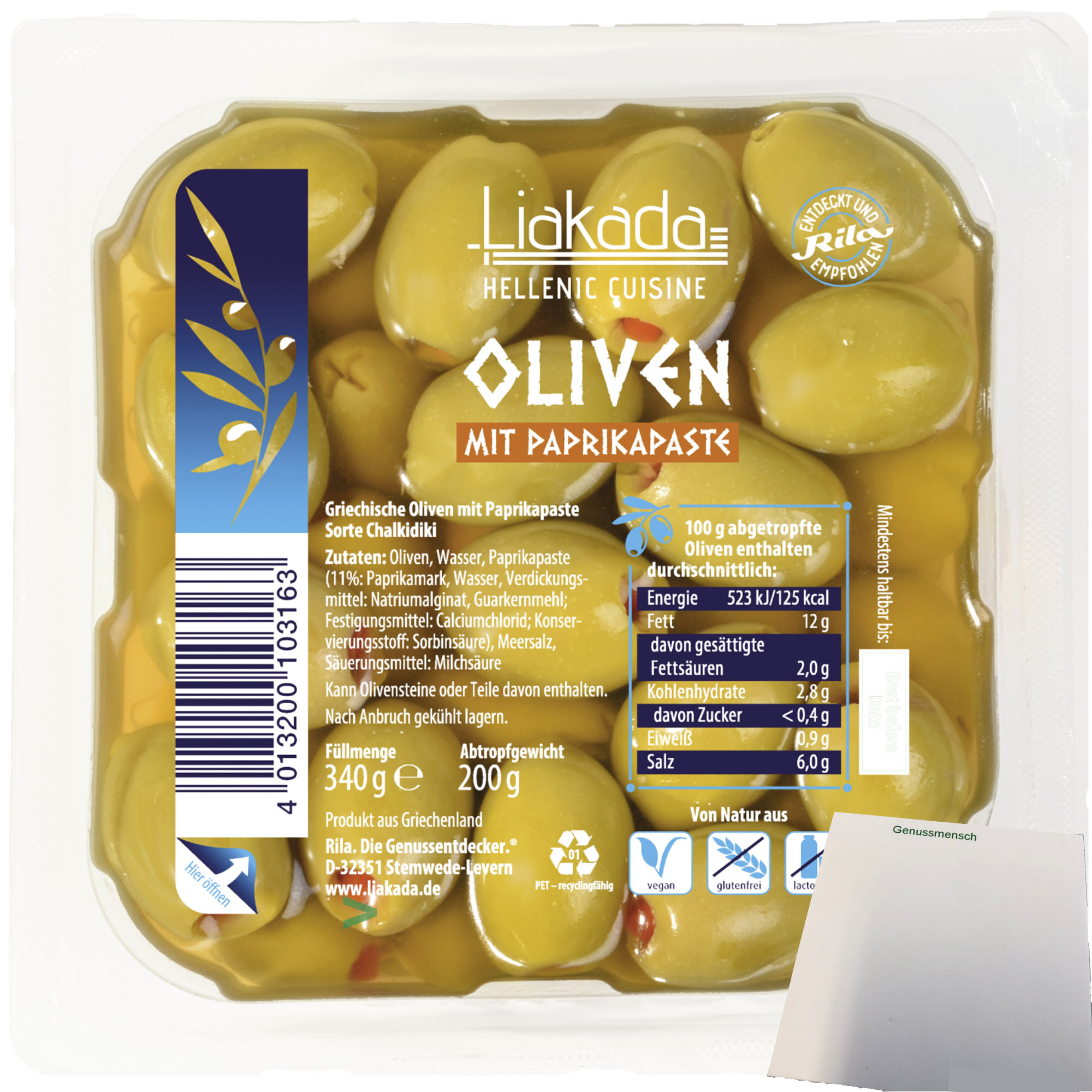 Liakada Grüne Oliven mit Paprikapaste (200g Packung) + usy Block