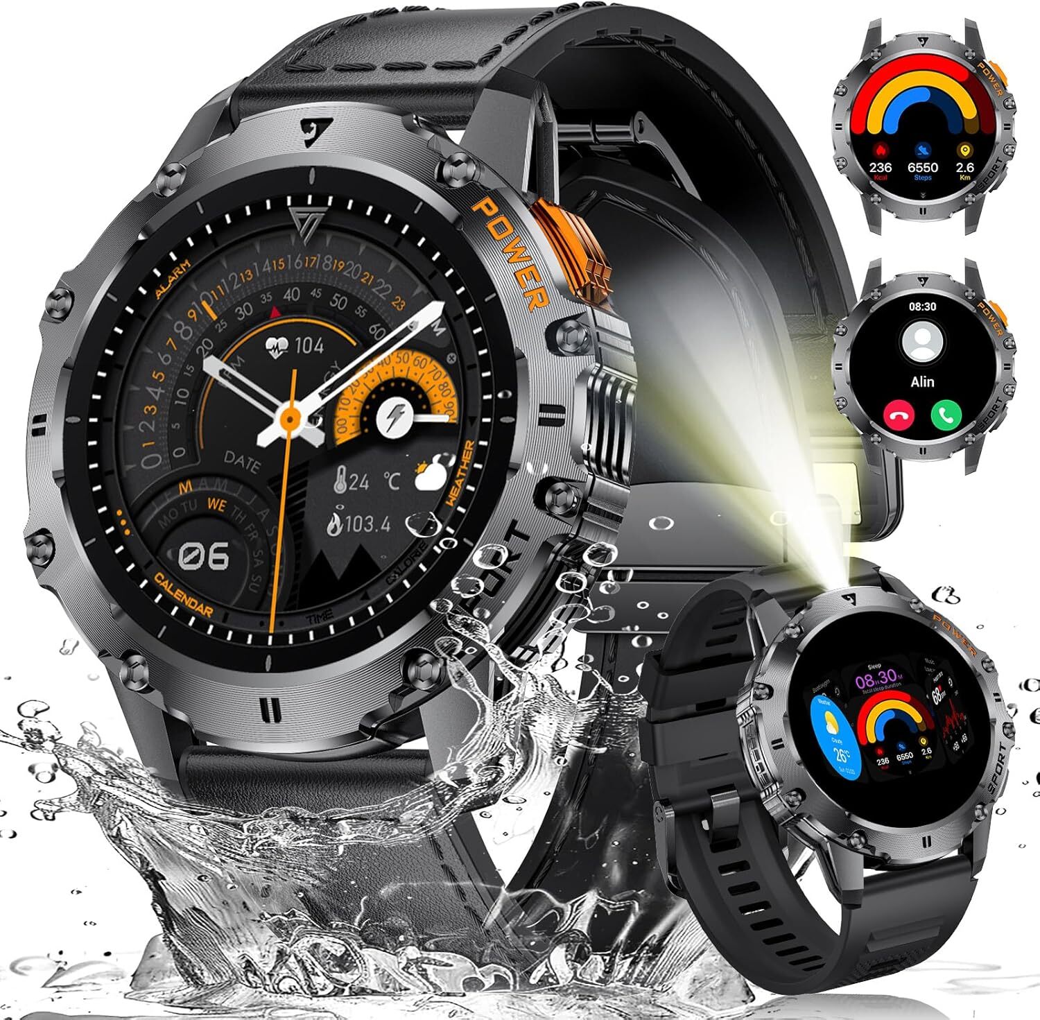 FoxBox Smartwatch Herren Armbänder 1.43''AMOLED 500mAh Militär Smart Watch,IP68 Wasserdicht Fitnessuhr 110+ Sportmodi mit Taschenlampe Blutdruckmessung
