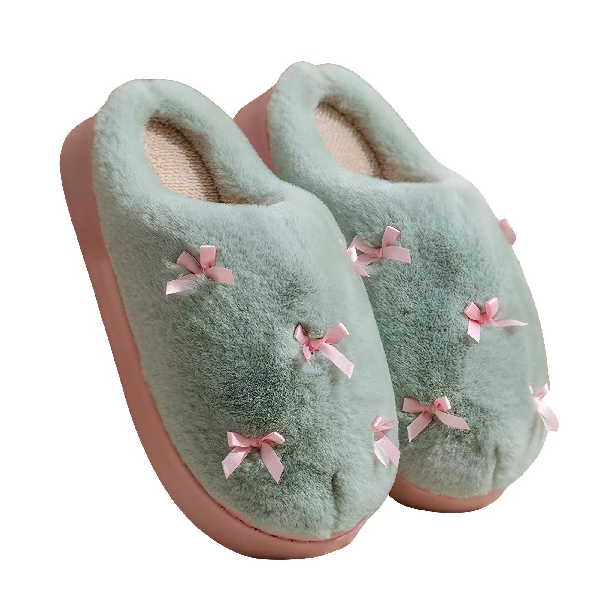 HS.Supply Schleifen Hausschuhe – Kuschelige Hausschuhe mit niedlichen Schleifen – Plüsch Schleifchen Hausschuhe