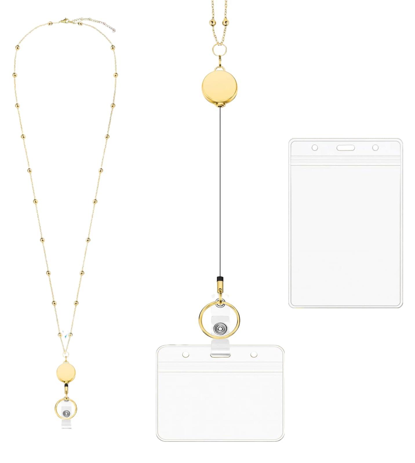 Markenlos Lanyards für Ausweise, Ausweis-Lanyards aus Edelstahl mit 2 wasserdichten Ausweltern, einziehbare Ausweis-Lanyards, Lehrer-Lanyard (gold)