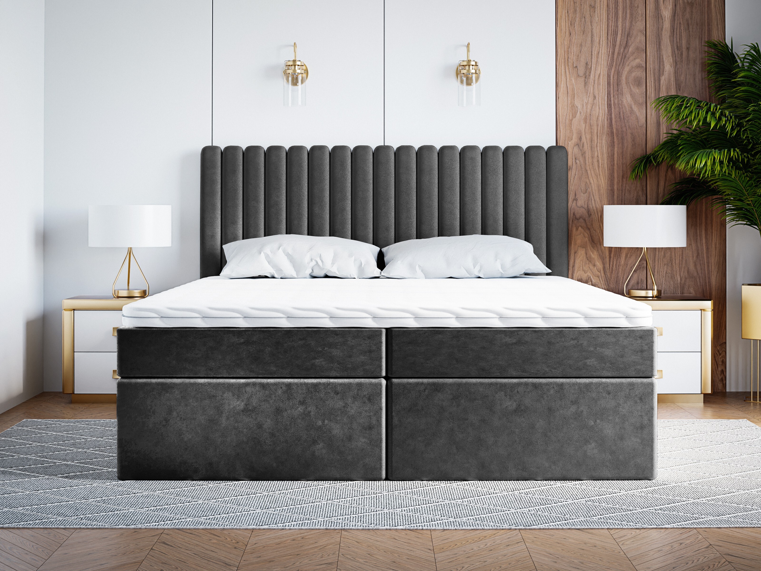 ADIDAR skriňová posteľ Oskar 200x200cm s matracom - čalúnená posteľ s dreveným rámom postele, topper, podstavec pod posteľ - sivá - Jasmine 27 - s doručením domov