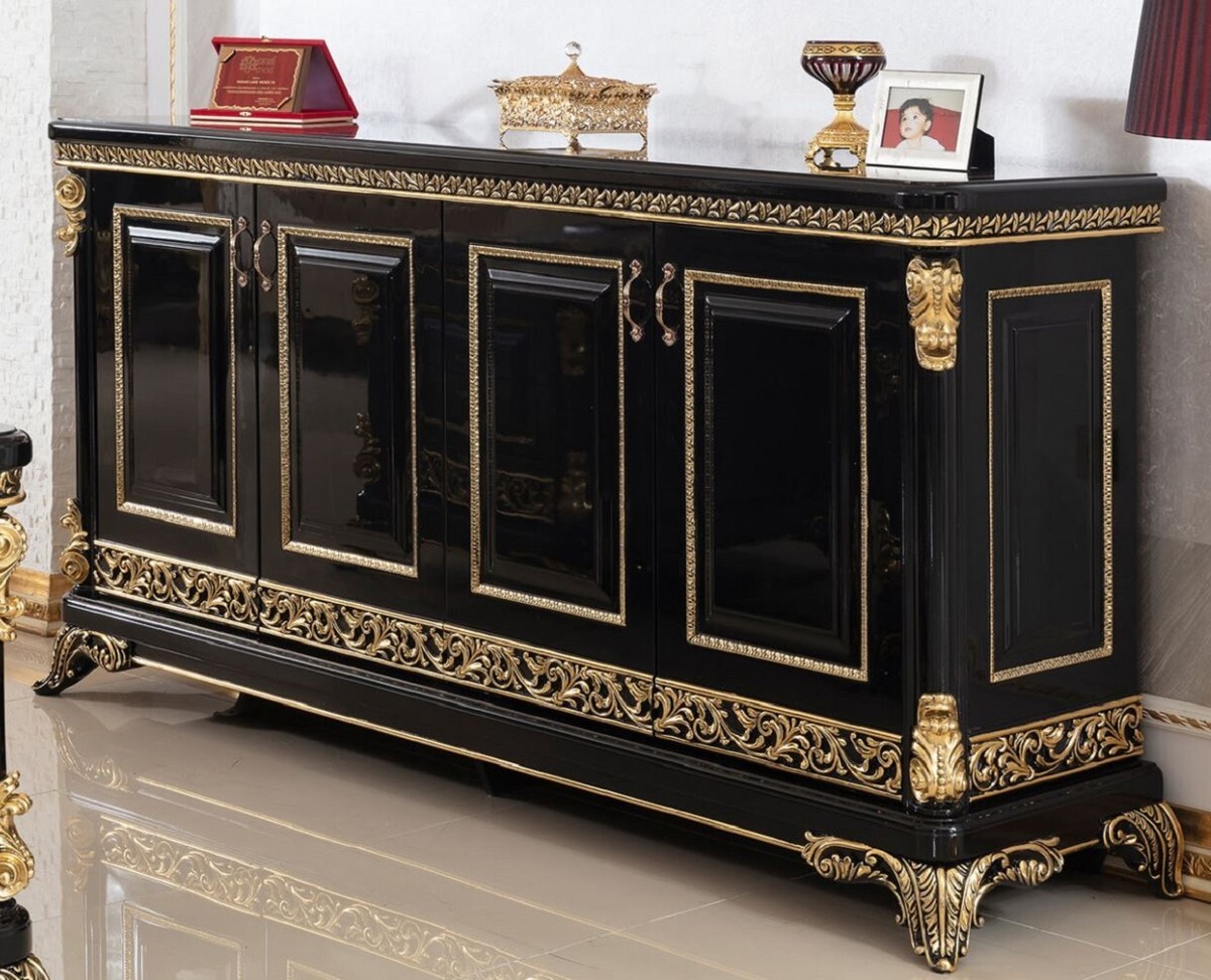Demotex GmbH Casa Padrino Luxus Barock Sideboard Schwarz / Gold - Prunkvoller Massivholz Schrank mit 4 Türen - Barock Möbel - Edel & Prunkvoll