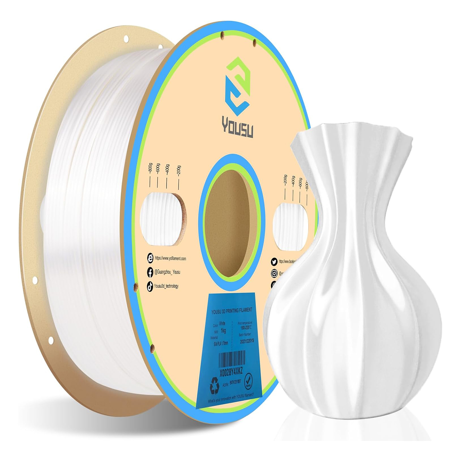 Aibecy YOUSU 3D-Drucker PLA-Filament 1kg Weiss 1,75 mm, Maßgenauigkeit +/- 0,03 mm, 3D-Druckmaterial-Spule