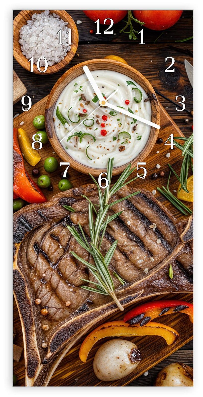 Primedeco Wanduhr aus Glas mit Motiv Grillmahlzeit- 30 x 60 cm - inkl. Aufhängesystem
