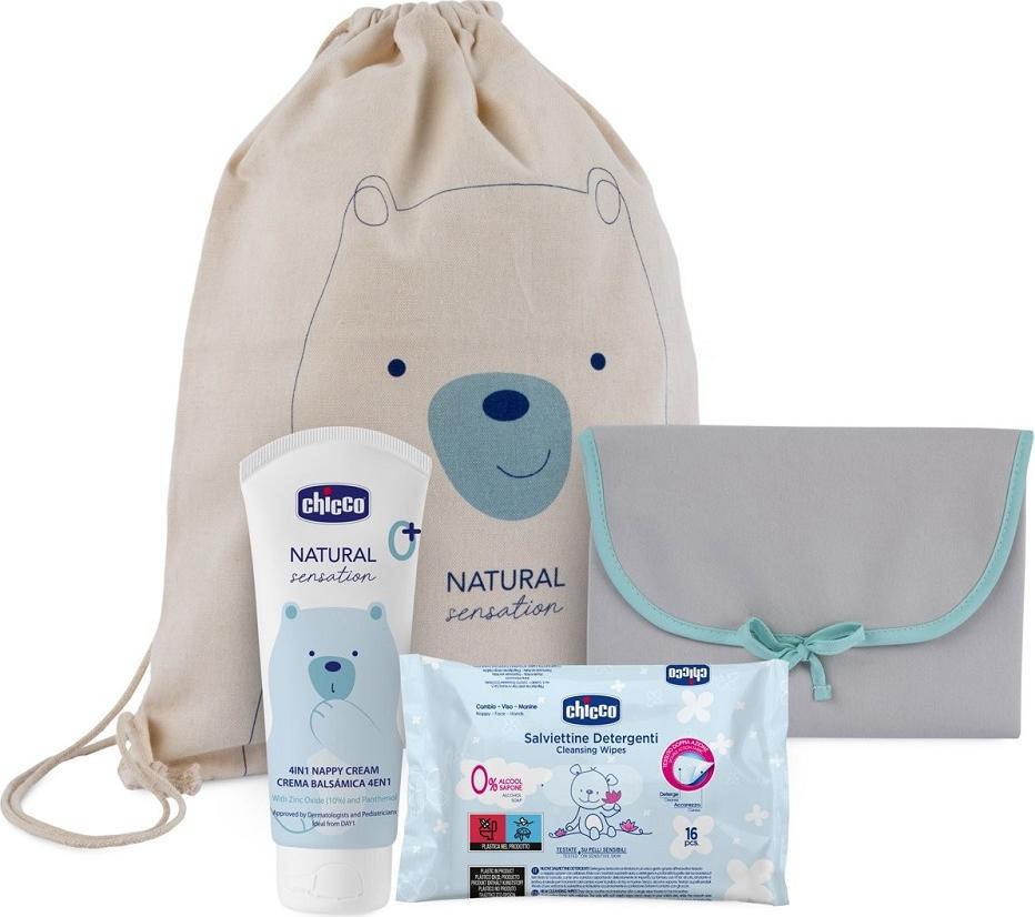 Chicco Natural Sensation: Wickelunterlage + 4in1 Windelcreme 100ml + 16 Reinigungstücher