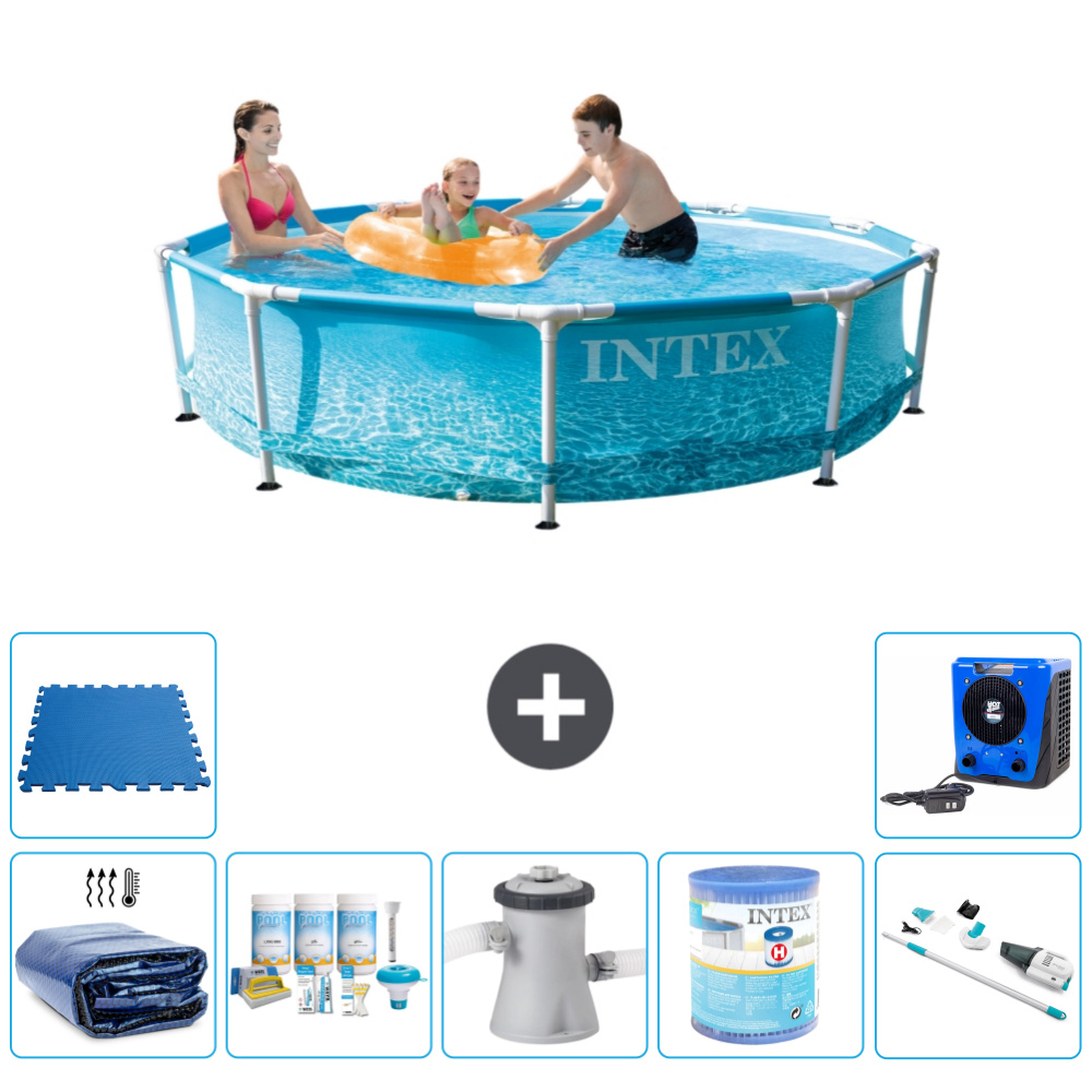 Bazén Intex s okrúhlym rámom - 305 x 76 cm - tlak vody - vrátane markízy - balík údržby - filtračné čerpadlo pre bazén - filter - vysávač - dlažba