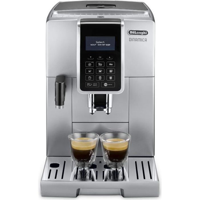 Plne automatický kávovar Delonghi Dinamica ECAM 350.75.S, 1,8 litra, zásobník na kávové zrná s objemom 300 g, cappuccino na jedno stlačenie, strieborný