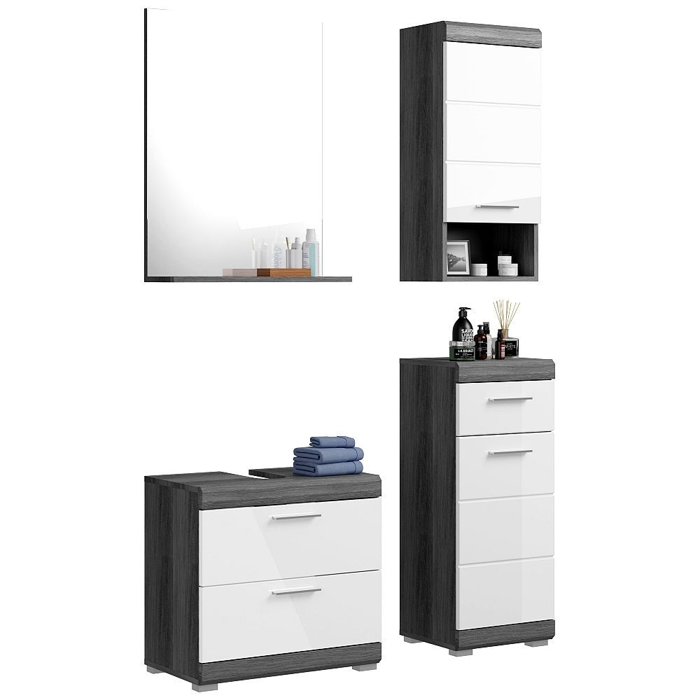 Lomadox Badezimmermöbel Set 4-teilig modern in Hochglanz weiß mit grau SIROCO-158 LA158-SIROCO-158-SET28