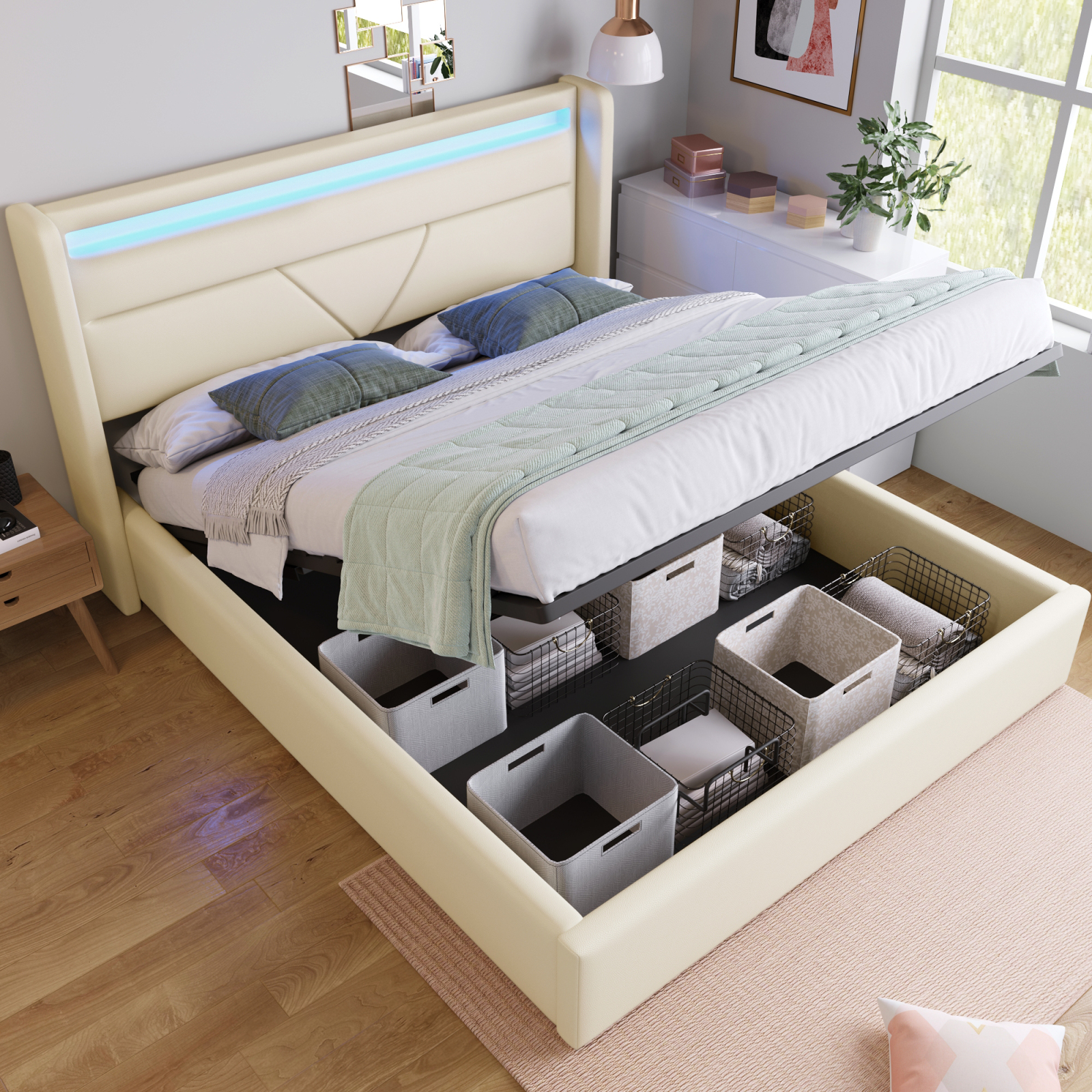 Fortuna Lai čalúnená posteľ 140x200cm s LED a podstavcom pod posteľ, hydraulická funkčná posteľ s úložným priestorom, čalúnená posteľ s lamelovým roštom, funkčná posteľ manželská posteľ Imitácia kože, biela