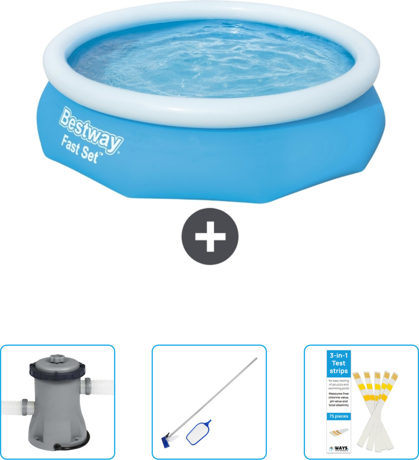 Bestway okrúhly nafukovací bazén Fast-Set - 305 x 76 cm - modrý - obsahuje čerpadlo - čistiacu súpravu - testovacie prúžky