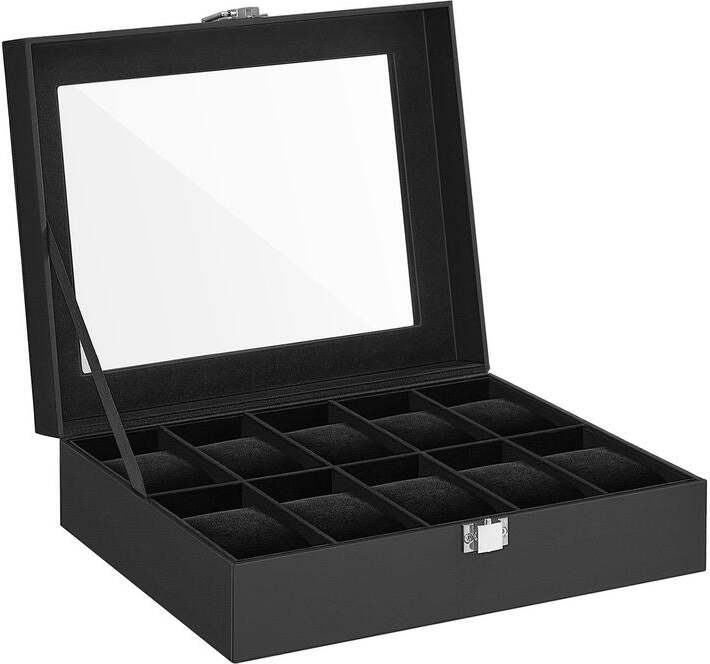 Rootz Living Rootz Uhrenbox – Uhrenaufbewahrungsbox – Uhrenbox für 10 Uhren – Uhrenvitrine mit Schublade – personalisierte Uhrenbox – Luxus-Uhrenhalter – tragbares Uhrengehäuse – Schwarz – 20,2 x 25,5 x 7,8 cm (T x B x H)