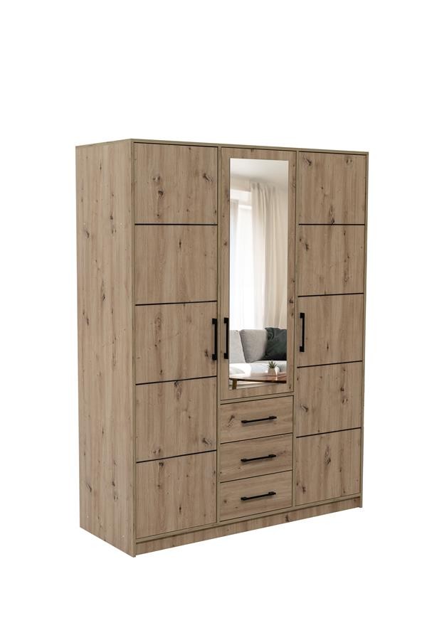 BETTSO Kleiderschrank mit Spiegel und Schubladen, 3 türiger Kleiderschrank Mehrzweckschrank, Praktischer COSTARICA 3 D Eiche Artisan