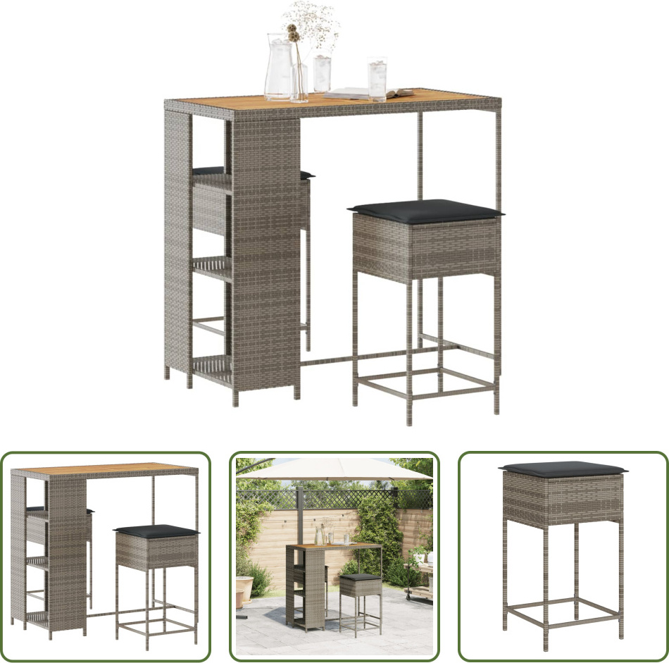 The Living Store 3-dielny záhradný barový set s vankúšmi sivý polyratan