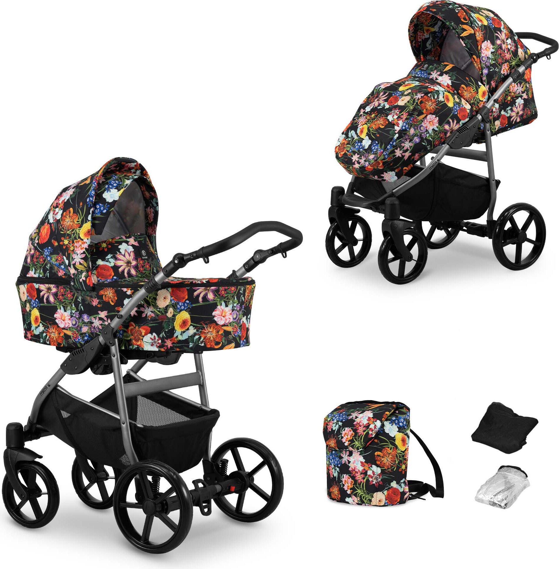 Kinderwagen MATA Sportwagen Babywagen Babyschale Komplettset Kinder Wagen Set 2 in 1 (blumen, Rahmenfarbe: Graphite)