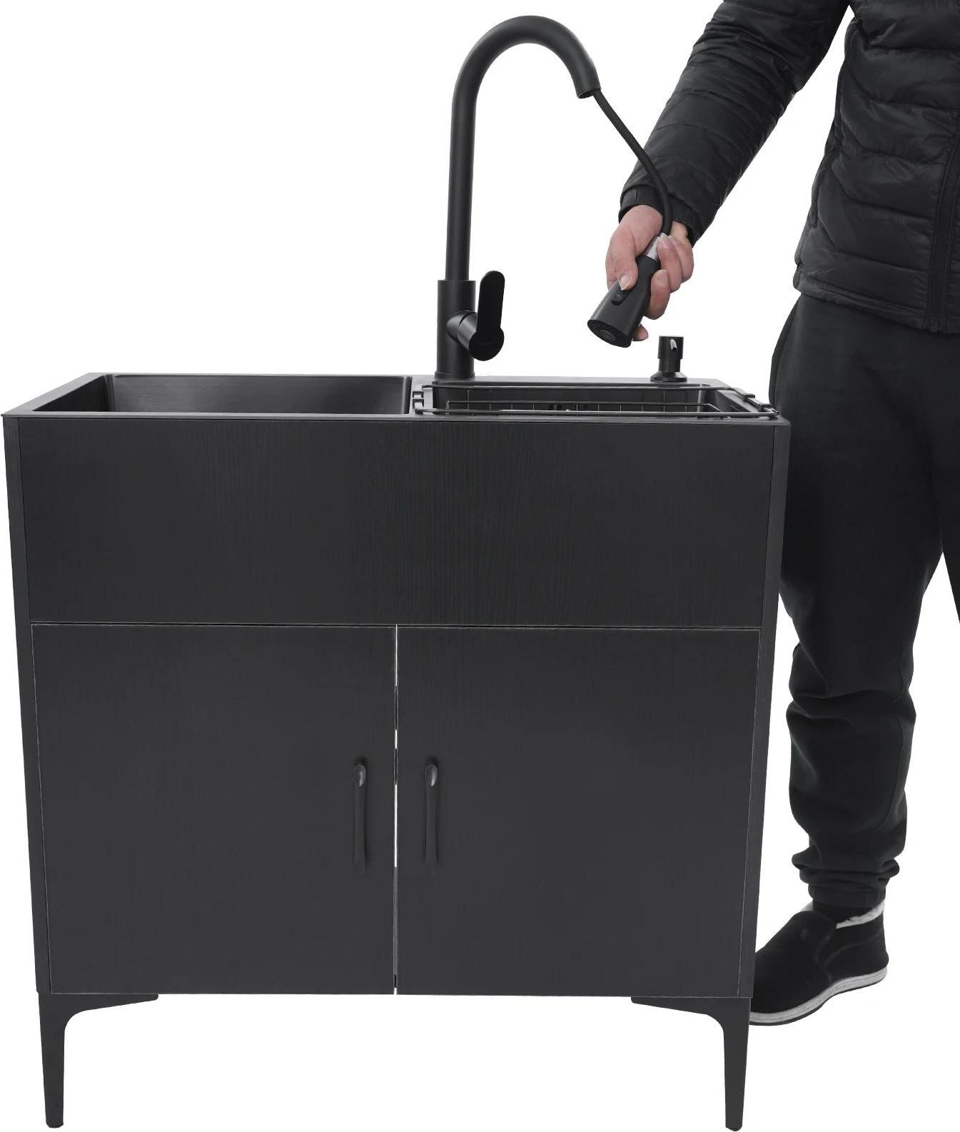 Spülenschrank - Küchenspüle Komplettset - Edelstahl - Doppelbecken - Auszieharmatur - Siebkorb - Abflussrohre - Zum Selbstaufbau - Schwarz