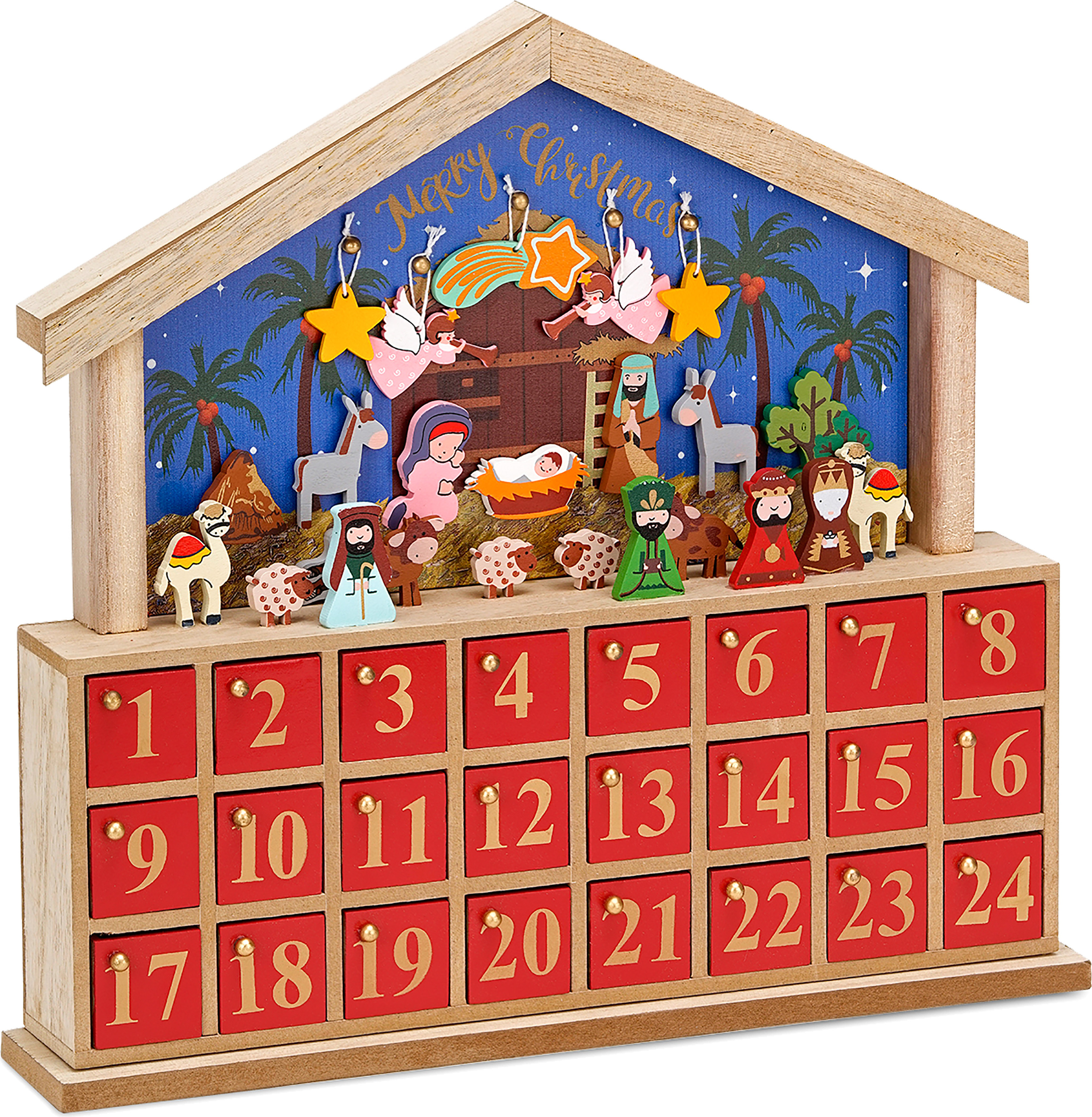 BRUBAKER Adventný kalendár drevený betlehem Modrá červená 34,5 x 32 x 6 cm