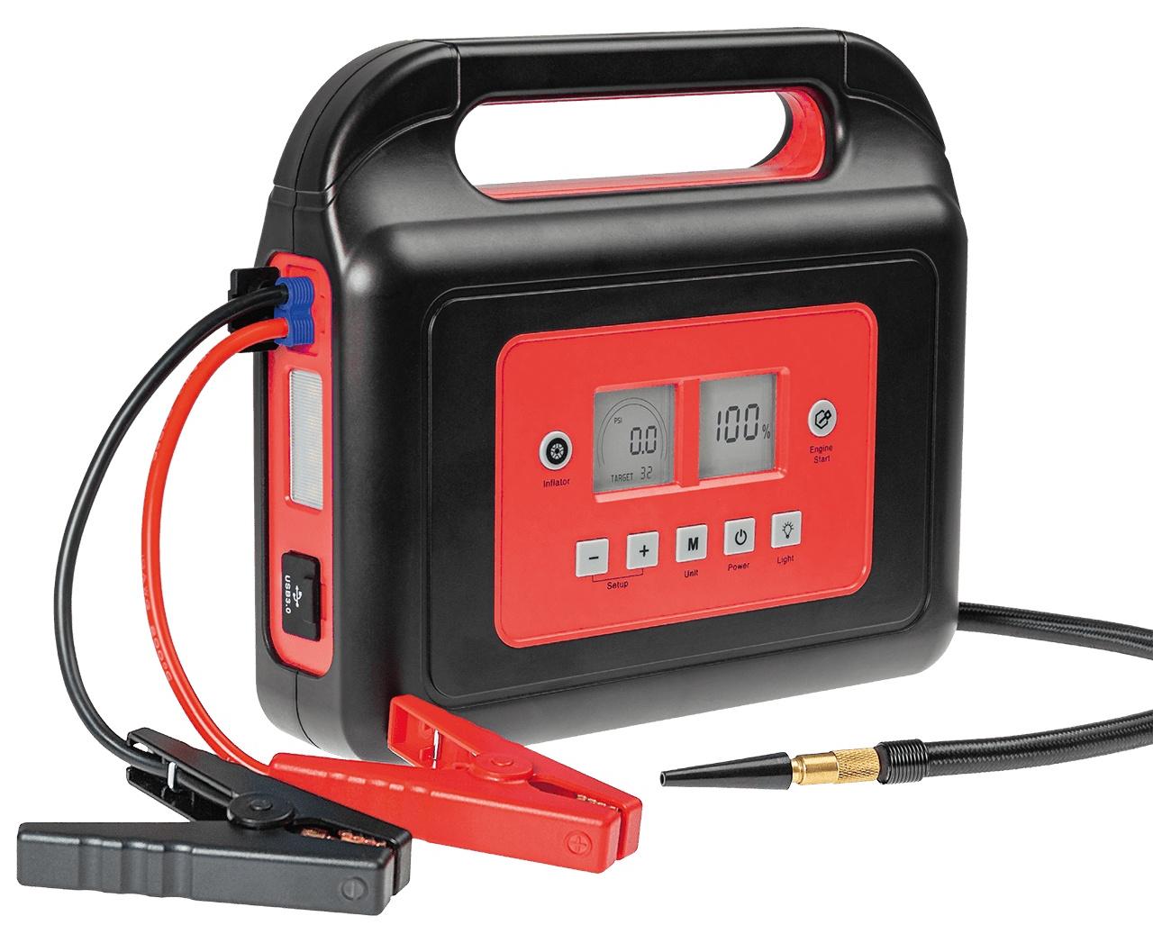 WALTER Li-Ion Starthilfegerät mit Kompressor, 800A Starthilfeleistung, 10.000mAh Akku, USB3.0 und USB-C Anschluss, leistungsstarke LED-Leuchte mit 3 Modi, Kompressor bis zu 8,4bar 630976