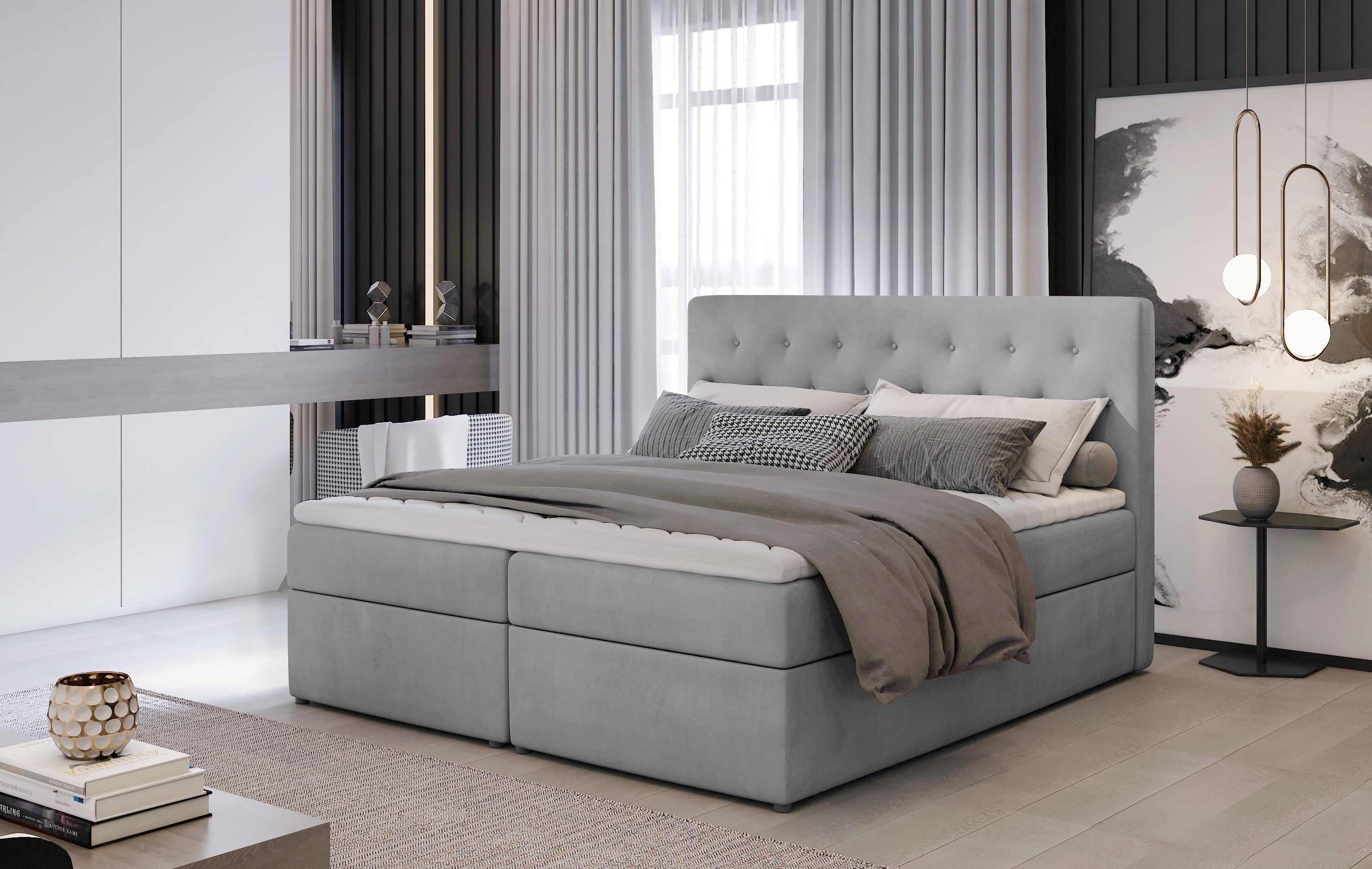MOB, Manželská posteľ Boxspring 180 cm - Larra (svetlosivá) (s matracom)