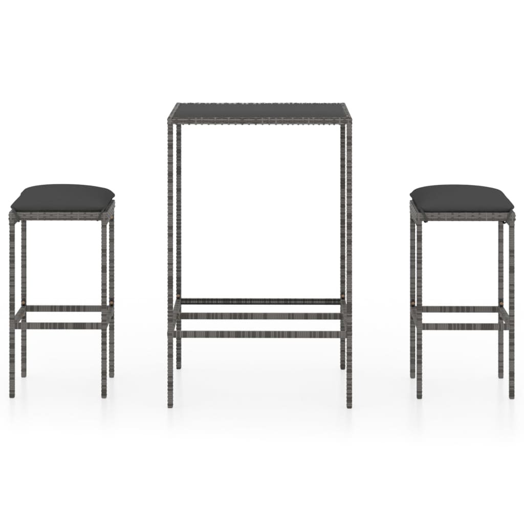 vidaXL 3-dielny záhradný barový set s vankúšmi Poly ratan sivý